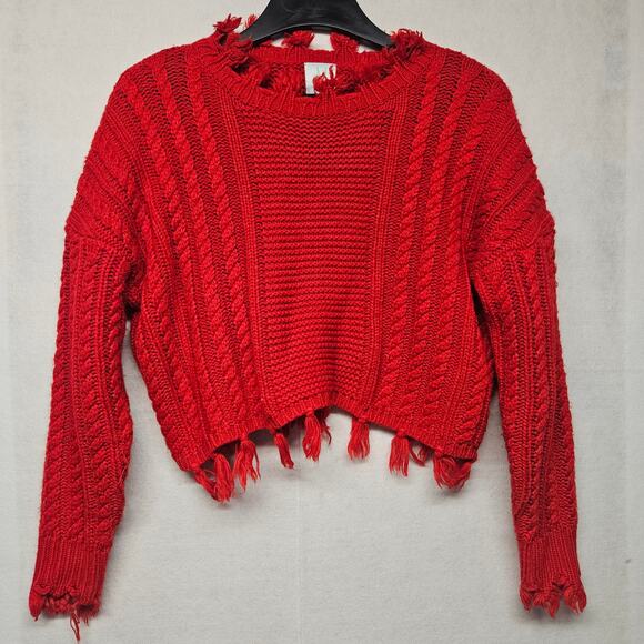 Shopthemint Sweaters - ShoptheMint Red Fringe Crop Sweater Oversized Cable Knit Pullover Size Small